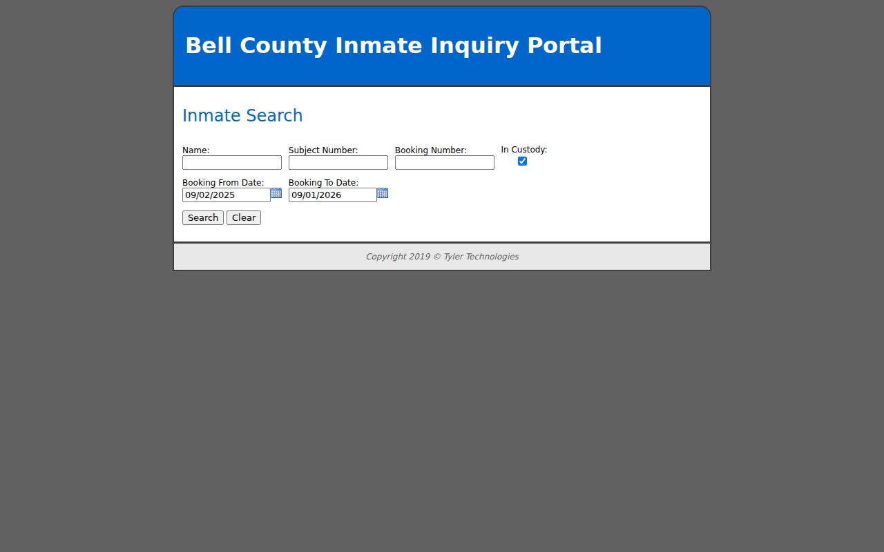Harker Heights resident lookup with Bell County inmate inquiry fields